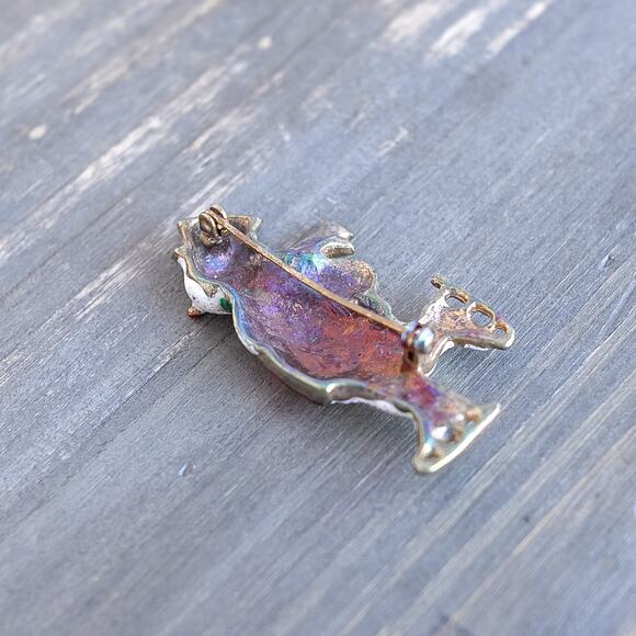 Vintage Enamel Snowman Brooch Skating Holiday Pin Red Green Glitter Hat - Picture 3 of 4